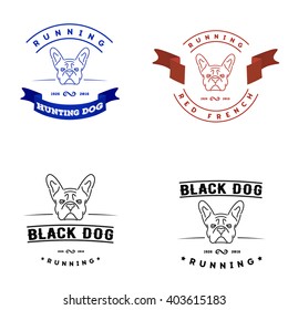 Set of logos with french bulldog and tape. Nanoline style