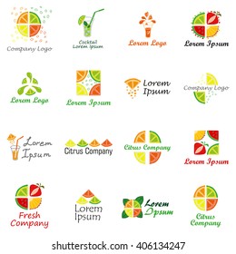 Set of logos for fruit organic company, fresh juice or cocktail bar. Colorful slices of pineapple, lemon, lime, grapefruit and strawberry. 