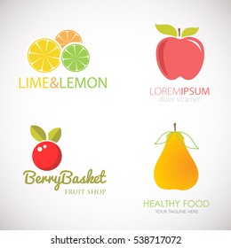Set of logos for fruit organic company, fresh juice or cocktail bar, shop. Colorful apple, pear, lemon, lime, grapefruit and cranberry