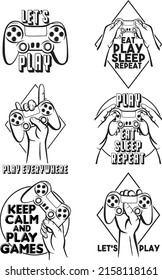 Set of logos for the gamer. Vector illustration of a joystick for video games and hands with inscriptions. Print for a lover of computer games. Black and white game console. Gamepad for youth