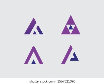 set of logos of geometric shapes in the form of the letter A in the form of a triangle, similar to the house, tent, arrow