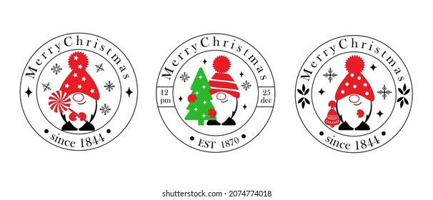 Set of logos with gnomes. Christmas typography badges for postcards, gift and banner. Design elements collection with decorations ornaments.Vector illustration.