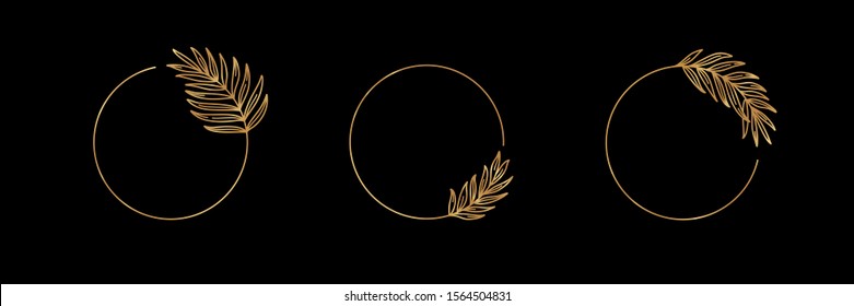 Set Of Logos With Golden Tropical Palm Leaf. Round Frame In Trendy Minimal Linear Style. Vector Emblem With Palm Branch. Template For Logo Cosmetics, Beauty Studio, Hairdresser, Hand Made, Jewelry