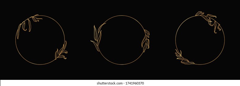 Set Of Logos With Golden Willow Tree Branch. Round Floral Frame In Trendy Minimal Linear Style. Vector Emblem For Logo Cosmetics, Beauty Studio, Hairdresser, Hand Made, Jewelry