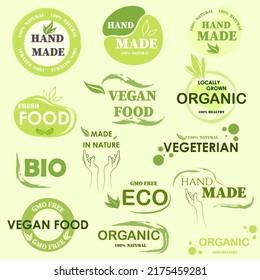 A set of logos for goods in green. Goods for a healthy diet. Handmade. Organics. Bio. Vector stock illustration