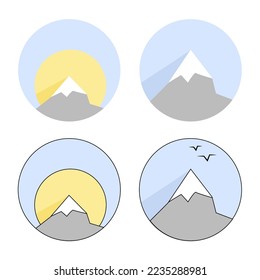 Set of logos with gray mountains, clouds and sun