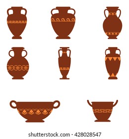 Set of logos with greek antiquity urns. Vector ancient greek vases set in traditional colors