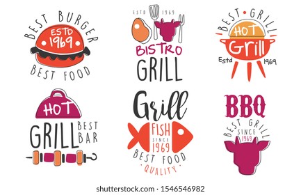 Set of logos for grill and barbecue bar. Vector illustration.