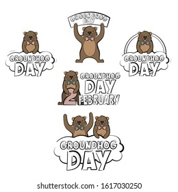 Set of logos for the Groundhog day holiday. Vector illustration isolated on a white background.