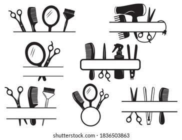 Set of logos for a hairdresser. Collection of elements items for the beauty salon. Design decoration for a barber shop. Vector illustrations for hair cutting. Tattoo.