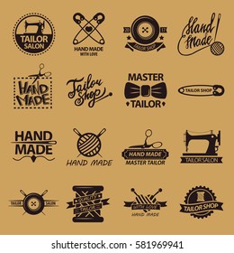 Set of logos for handmade shops. Tailor salon advertisement logotypes. Sewing stitching needlework vintage emblems. Safety pins, spool of threads in stickers design. Vector elements for knitting