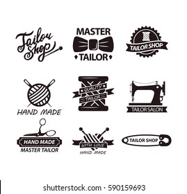 Set of logos for handmade shops. Tailor salon advertisement logotypes. Sewing stitching needlework vintage emblems. Safety pins, spool of threads in stickers design. Vector elements for knitting