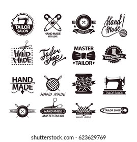 Set of logos for handmade shops. Tailor salon advertisement logotypes.