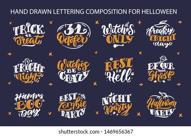 Set of logos for Happy Halloween party. Collection lettering popular phrase good for t-shirt designs, holiday posters, ads, stickers, cards, logos etc. This is compositions a vector illustration