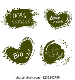 Set of logos, icons, design. Natural food, organic food, veggie food. Healthy food label. Doodle logos. Hand drawing. Bio, organic, gluten free. Vector illustration for menu of restaurants, p