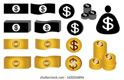 a set of logos or icons for dollars in paper and coins