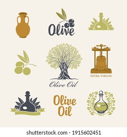 Set of logos, icons, labels, stickers or badges for olives and olive oil. Collection of simple vector emblems in retro style on a light background