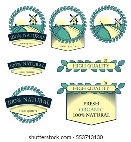 Set of logos, icons, nameplates for food. Natural, fresh quality products. Vector retro style