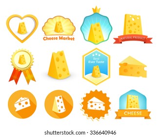 Set of Logos and Icons with Pieces of Cheese. Vector  Illustrations isolated on white background.