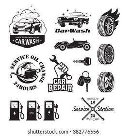 Set of logos and icons relating to service station car (oil change, car wash and polish the car, repair, change of tires, refueling of petrol, gas and electricity)