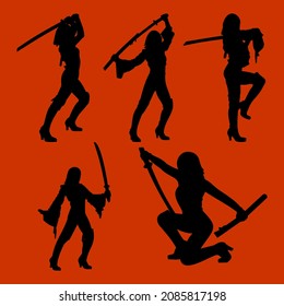 A set of logos illustration of a woman holding a sword