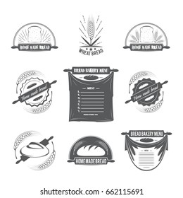 Set of logos. Logos with the image of bread and wheat. Vector illustration on bread baking, bread, ears, restaurants and menus.