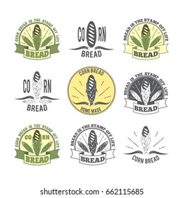 Set of logos. Logos with the image of corn bread and corn cobs. Vector illustration on bread baking, bread, corn, restaurants and menus and baking.