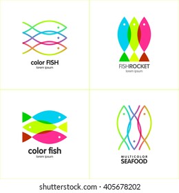 Set of logos with the image of multicolored fishes with multiply effect. They can be used for fish shop, fish restaurant, fishing store. Vector illustration.