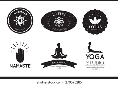 Set of logos, labels and badges for yoga studio in vector. Yoga vector logotype template. 