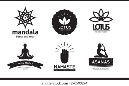 Set of logos, labels and badges for yoga studio in vector. Yoga vector logotype template. 