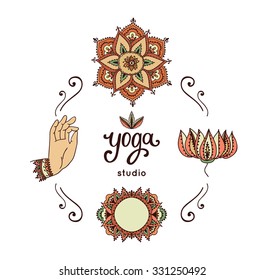 Set of logos, labels and badges for yoga studio in vector. Yoga vector logotype template. Buddhism symbol