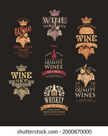 Set of logos, labels, emblems, badges or stickers for a wine and whiskey. Vector tags for alcoholic drinks in retro style with ornate hand-drawn decorations and inscriptions on a black background