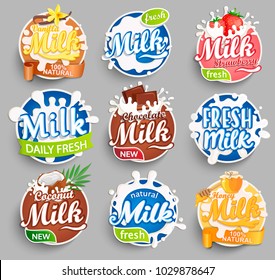 Set of Logos, labels of fresh milk and milk with different delicious additives. Milky splashing with drops. Vector illustration for your design, packaging and advertising.