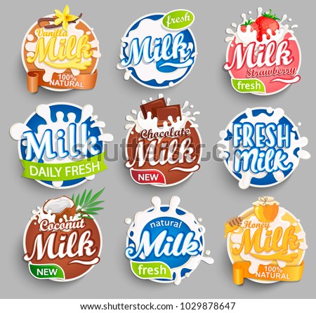 Set of Logos, labels of fresh milk and milk with different delicious additives. Milky splashing with drops. Vector illustration for your design, packaging and advertising.