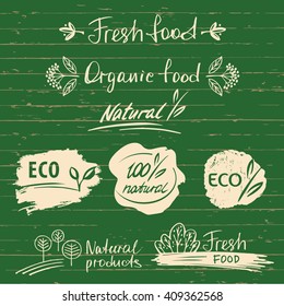 Set logos, labels with natural fresh food sketch designs.Organic food tags for meal and drink for shop, restaurant and organic products packaging.