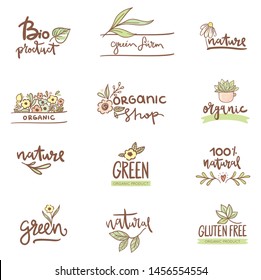 Set of logos and labels with organic, raw, natural produc/ eco food