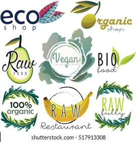 Set of logos and labels for organic, raw, vegan and eco food. Vector illustration