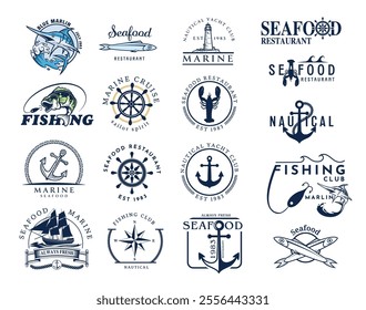 set of logos and labels for seafood restaurant sport fishing and fish market navigation
