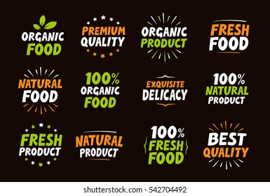 Set of logos, labels, stamps, icons for natural product, organic food, farm. Elements packaging. Vector illustration