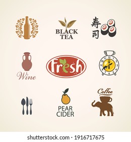 Set of logos, labels, stickers or badges on the theme of food and drink. Vector icons for restaurant menu, cider, wine, beer, sushi, coffee and tea in retro style. Chinese hieroglyph Sushi