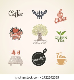 Set of logos, labels, stickers or badges on the theme of food and drink. Vector icons for restaurant menu, olive oil, tomato soup, cider, sushi, coffee and tea in retro style. Chinese hieroglyph Sushi