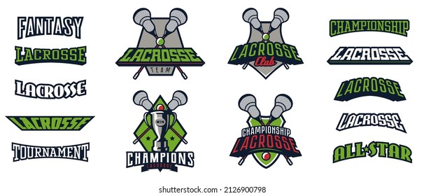 Set of logos, lacrosse emblem. Colorful collection of lacrosse emblems. Font template, sport competition logo template, leagues, championship, champion. Shield, ball, stick. Vector illustration