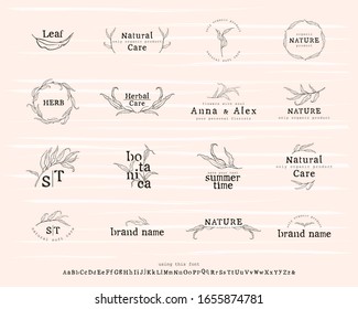 Set of logos with leaves. Template for the design of business cards, posters, banners, stamps and labels for florists, organic products, artists.