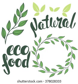 Set of logos, lettering 100%, Natural, organic. Round frame of leaves. Organic food badge in vector (cosmetic, food). Branch with leaves.