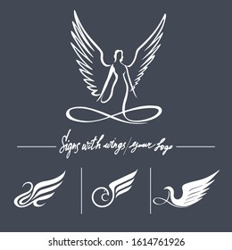 Set of logos with lines, wings, stylized birds on a gray background. Feminine angel, bird logo, line, wing, swan, letter. White hand lettering on gray background.