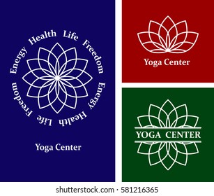 Set logos lotus yoga center. India, Indian culture, zen, religion, meditation, sports. Vector illustration