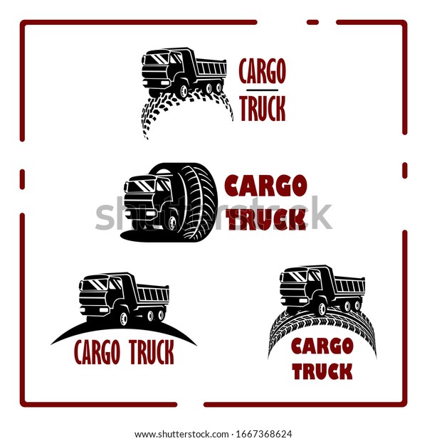 Set of logos for manufacturers of trucks,
special equipment, logistics transport companies or service
stations. Black isolated silhouettes of trucks. Logotypes for
corporate identification,
branding