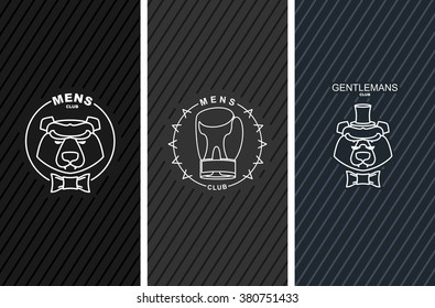 Set of logos for mens Club. Bear and butterfly tie. Boxing Glove. Logo for Sports gym. Emblem for indoor sport and secular institution 