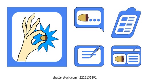 Set of logos and menu icons for micro-headphones in blue color, vector, for the design of the sale page in social networks