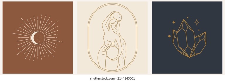 Set of logos in minimalistic linear style with beautiful esoteric female silhouette. For hairdressers, beauty salons, organic cosmetics, spas, prints, jewelry store.